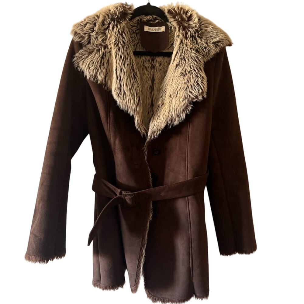 Balmain Brown Faux Suede Coat – Faux Fur Lined, Belted, Mid-Length, Size S